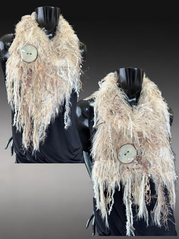 Hand Knit tan beige fluffy scarf with oversized button, Fur Art Scarf, knit neckwarmer, boho fringe scarf