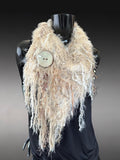 Hand Knit tan beige fluffy scarf with oversized button, Fur Art Scarf, knit neckwarmer, boho fringe scarf