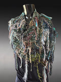 Boho Poncho in teal olive taupe,  hippie fringed Knit handmade Poncho, cowgirl style