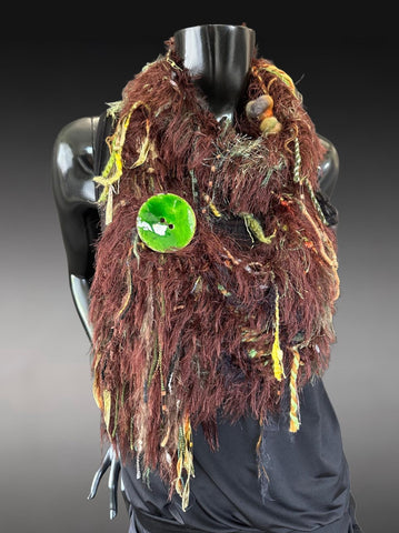 Green Brown knit fur scarf with glazed button, boho style, elfin style