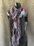 Boho neutral fiber fringe scarf with upcycled fabric and art yarn In rich purple maroon