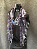 Boho neutral fiber fringe scarf with upcycled fabric and art yarn In rich purple maroon
