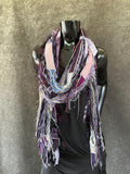 Boho neutral fiber fringe scarf with upcycled fabric and art yarn In rich purple maroon