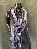 Boho neutral fiber fringe scarf with upcycled fabric and art yarn In rich purple maroon