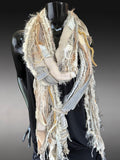 Boho neutral fiber fringe scarf with upcycled fabric and art yarn
