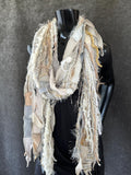 Boho neutral fiber fringe scarf with upcycled fabric and art yarn