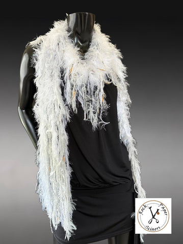 Hand Knit Bohemian Fur scarf with fringe in Taupe white Ivory