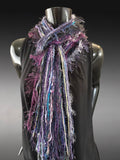 Unique handmade Boho style fringe scarf in Purple blue gray, funky scarf