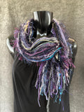 Unique handmade Boho style fringe scarf in Purple blue gray, funky scarf