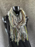 Fringe scrappy bohemian or cowgirl style scarf in olive sage beige