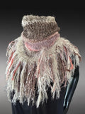 Knit Reversible Turtleneck Neckwarmer Cowl in Beige Pink Taupe Fringe