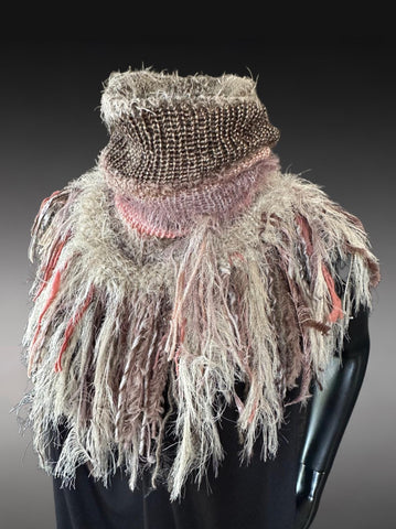 Knit Reversible Turtleneck Neckwarmer Cowl in Beige Pink Taupe Fringe