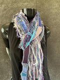 Boho neutral fiber fringe scarf with upcycyled fabric and art yarn in Lavender Blue Gray