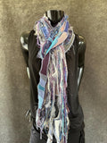 Boho neutral fiber fringe scarf with upcycyled fabric and art yarn in Lavender Blue Gray