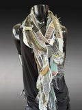 Boho fiber fringe scarf handmade in olive sage and cream artwear