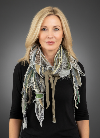 Boho fiber fringe scarf handmade in olive sage and cream artwear