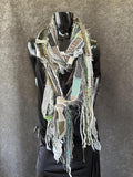 Boho fiber fringe scarf handmade in olive sage and cream artwear