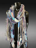 Boho neutral fiber fringe scarf with upcycyled fabric and art yarn in Lavender Blue Gray