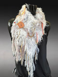 Hand Knit scarf with oversized button, Ivory Faux Fur neck boho Scarf, Scarf with button