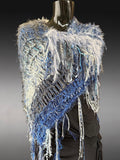 Hand knit Fringed Boho chic poncho in Blue gray cover-up, bohemian, cowgirl style