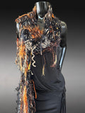 Handmade artistic knit black rust scarf, Fall color Bohemian fashion, scarf
