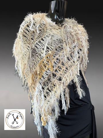 Boho knit poncho in ivory beige, fringed shawl tribal wrap, Tribal Wrap