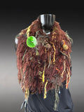 Green Brown knit fur scarf with glazed button, boho style, elfin style