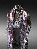 Boho neutral fiber fringe scarf with upcycled fabric and art yarn In rich purple maroon