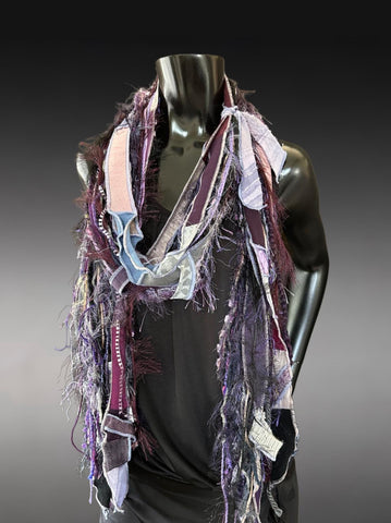 Boho neutral fiber fringe scarf with upcycled fabric and art yarn In rich purple maroon