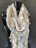 Boho neutral fiber fringe scarf with upcycled fabric and art yarn
