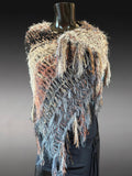 Hand Knit Boho style Poncho, Fringed Knit neutral poncho, shoulder wrap.