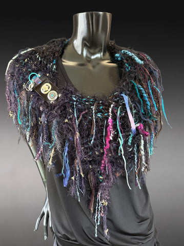 Hand knit avant garde cowl with clasp, Fringed shoulder wrap