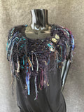 Hand knit avant garde cowl with clasp, Fringed shoulder wrap