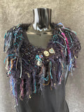 Hand knit avant garde cowl with clasp, Fringed shoulder wrap