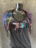 Hand knit Boho Black Rainbow Cowl with clasp, vibrant avant garde Knit Collar, Bohemian shoulder wrap