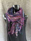 Handmade Boho Indie style art scarf in Purple blue jewel tone