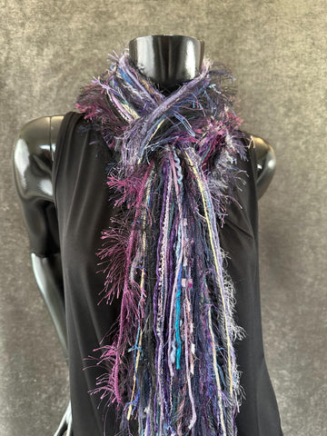 Unique handmade Boho style fringe scarf in Purple blue gray, funky scarf
