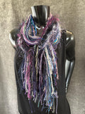 Unique handmade Boho style fringe scarf in Purple blue gray, funky scarf
