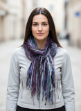 Unique handmade Boho style fringe scarf in Purple blue gray, funky scarf
