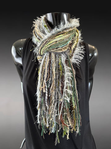 Fringe scrappy bohemian or cowgirl style scarf in olive sage beige