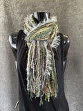 Fringe scrappy bohemian or cowgirl style scarf in olive sage beige