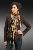 Model in dark brown jacket with edge stitching