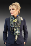 Scarf on model with navy blue designer jacket