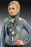 Scarf on model with waist-length fitted jean jacket