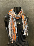 Handmade funky Bohemian Fringie art short scarf in rusty orange and gray