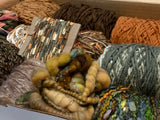Knitting art yarn bundle, 1.5 lbs, fiber pack, weaving yarns, bulk green orange brown yarn gift box
