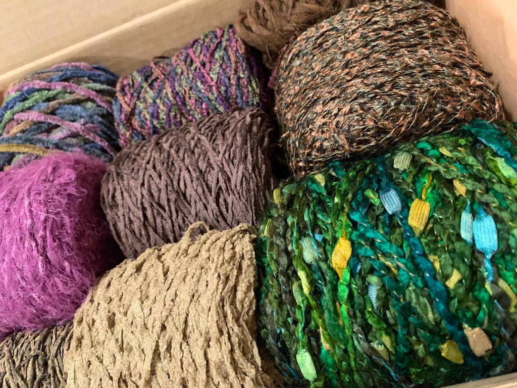 Knitting art yarn bundle, 1.5 lbs, fiber pack, weaving yarns, bulk gre –