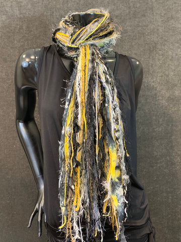 Lightweight handmade long scarf, Black gray yellow Fringie yarn scarf, Artsy fiber fringe scarf, boho accessory, tribal scarves