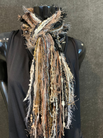 Lightweight handmade Fringie scarf, all fringe yarn scarf, boho fiber scarf, ribbon necklace, boho accessory, beige black scarves