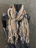 Lightweight handmade short Fringie scarf, all fringe yarn scarf, boho fiber scarf, ribbon necklace, boho accessory, beige black scarves